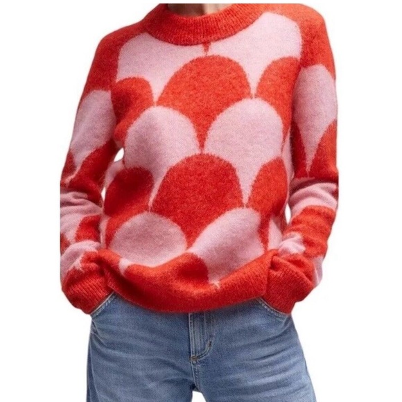 Merci Sweaters - MERCI Women’s Size L Scallop Pattern Crewneck Printed Sweater Orange & Pink EUC